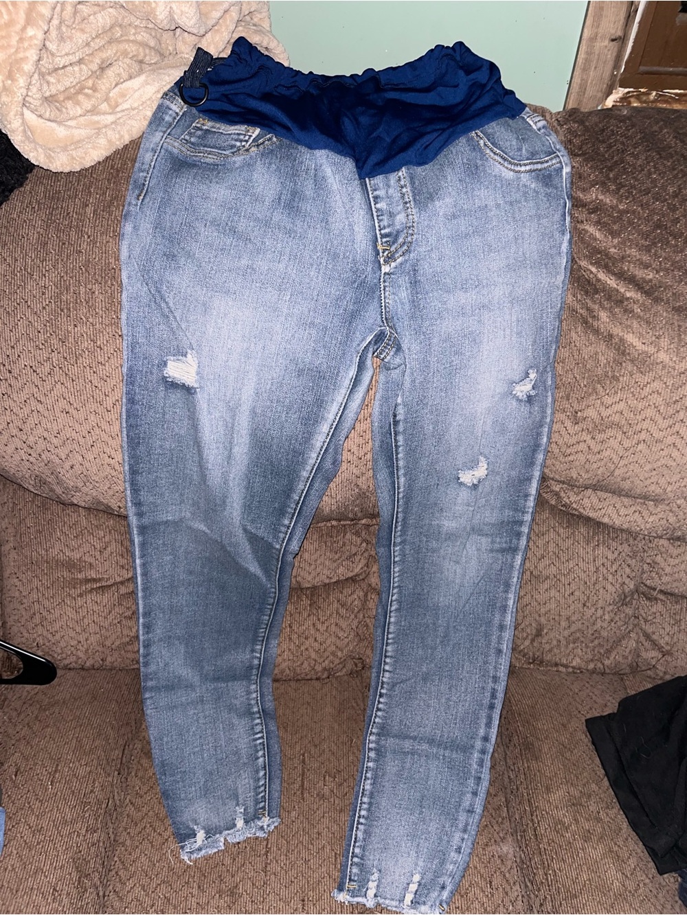 SHEIN Light Blue Distressed Maternity Jeggings with Navy Waistband